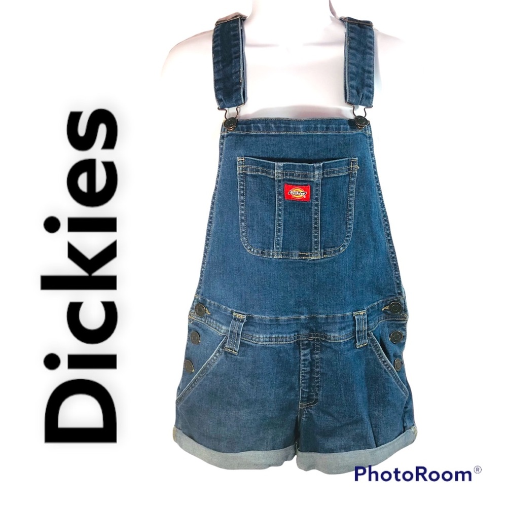 Dickies women’s medium blue bib overall jean shorts roll up cuff size medium